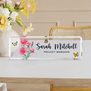 Custom Birth Month Floral Desk Name Plate, Desk Nameplate, Personalized Gift, Acrylic Plaque, Floral Name Plate, Gift for Women