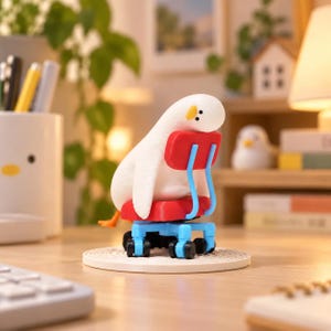 May include: A white, rounded bird figurine with a small orange beak and black eyes, slumped over the backrest of a miniature red office chair with a blue frame and black wheels, all resting on a circular, textured white base.