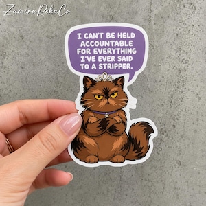May include: A die-cut sticker featuring a grumpy brown long-haired cat wearing a small silver crown and a purple collar. The cat has its arms crossed and is positioned below a purple speech bubble containing the text: I CAN'T BE HELD ACCOUNTABLE FOR EVERYTHING I'VE EVER SAID TO A STRIPPER.
