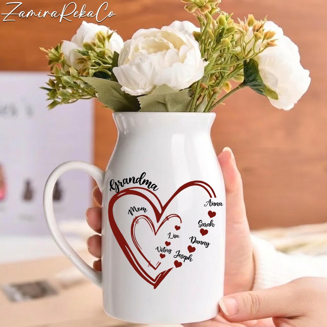 Personalized Family Heart Vase, Custom Grandma Mom Gift, Grandchildren ...