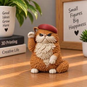 May include: A figurine of a fluffy orange cat with a white chest and paws, wearing a small red beret. The cat has a grumpy expression, with one paw raised in a beckoning gesture. The textured fur is detailed, and the cat sits in a seated position.