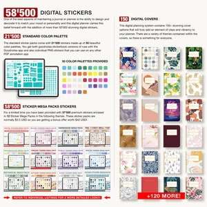 Könnte beinhalten: Ein digitaler Planer mit 58.500 digitalen Stickern und 150 digitalen Covern. Der Planer enthält 50 Farbpaletten und 12 Sticker-Mega-Packs mit 37.500 Premium-Stickern. Die Sticker-Mega-Packs kosten normalerweise 3,50 € pro Stück, aber Sie erhalten ein Bonusangebot im Wert von 42,00 €! Das Bild zeigt eine Vielzahl von Themen, darunter Pastell, Rouge, Bauernhaus, Folie, Aquarell, lebendig, Lila, Winter, botanisch, Herbst, Hygge und Ozean.