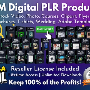 May include: Promotional graphic for digital PLR products, including stock video, photos, courses, and templates. The image features multiple product boxes with text overlays, such as "15M Digital PLR Products" and "Mega Deal". Includes a reseller license.