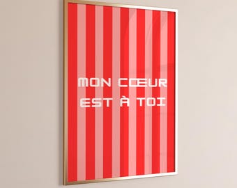 Romantic Wall Art Print | French Love Quote Poster | Red Pink Stripe Valentines Decor | Couples Gift | Instant Digital Download