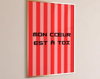 French Love Quote Wall Art | Bold Red Stripe Paris Inspired Poster | Eclectic Kitchen Living Room Decor | Digital Download
