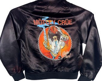 VINTAGE 80s Motley Crue Bomber Jacket Mens Small Black 1983 Satin Rare USA Made