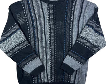 VINTAGE Grafico Italia Sweater Men XL Black Grey 3D Knit Wool Blend Coogi Style