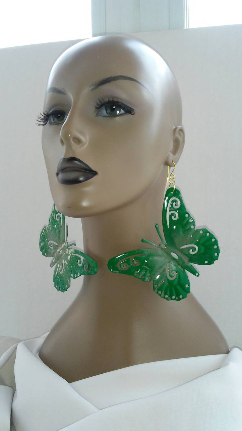Fashion Earrings Women/'s Earrings Large Earrings Gorgeous Multicolor Green and Olive Green Hand Painted Aluminum Butterfly Earrings