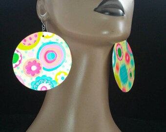 Unique Holographic Art Print Multi Color Plastic Round  Earrings with Circle Design, Large Earrings, Women Earrings, Plastic Earrings