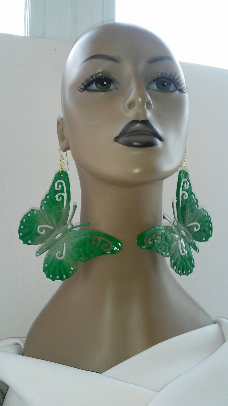 Fashion Earrings Women/'s Earrings Large Earrings Gorgeous Multicolor Green and Olive Green Hand Painted Aluminum Butterfly Earrings