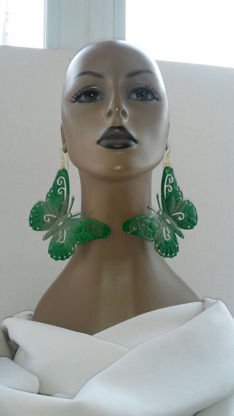 Fashion Earrings Women/'s Earrings Large Earrings Gorgeous Multicolor Green and Olive Green Hand Painted Aluminum Butterfly Earrings
