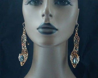 Beautiful Gold and Black High High Heel Shoe Earrings, Embellished with Rhinestones, Women Earrings, Long Earrings Fashion Earrings