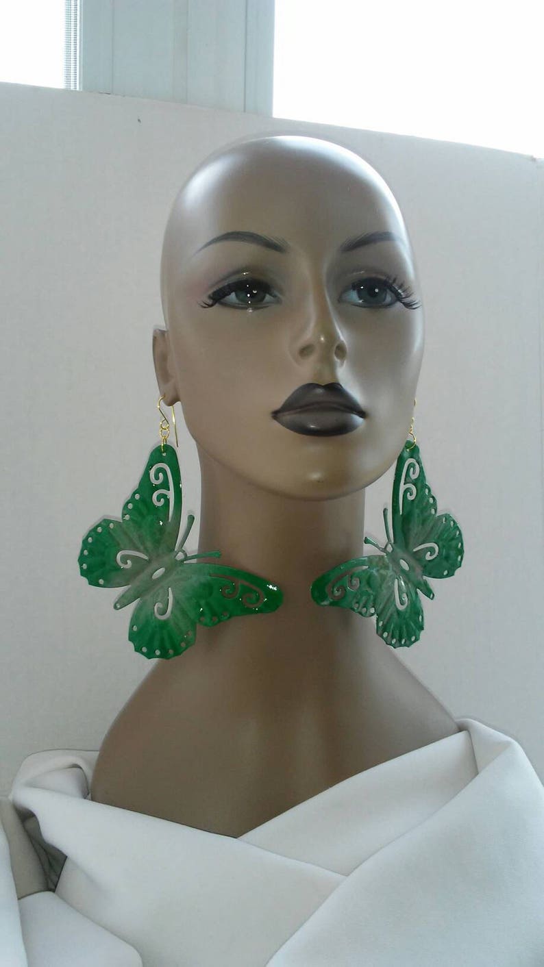 Fashion Earrings Women/'s Earrings Large Earrings Gorgeous Multicolor Green and Olive Green Hand Painted Aluminum Butterfly Earrings