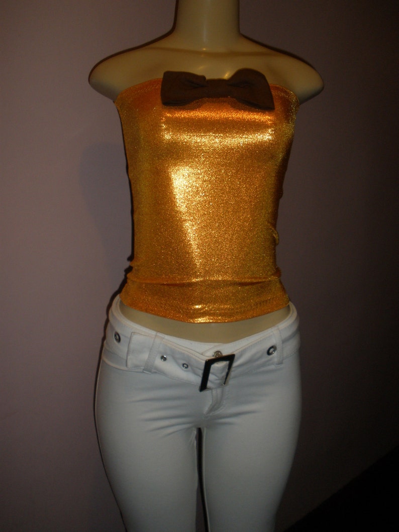 Adorable Golden Orange Handcrafted Halter Top with Cute Brown Bow on Front Fits Size SmallMediunLarge