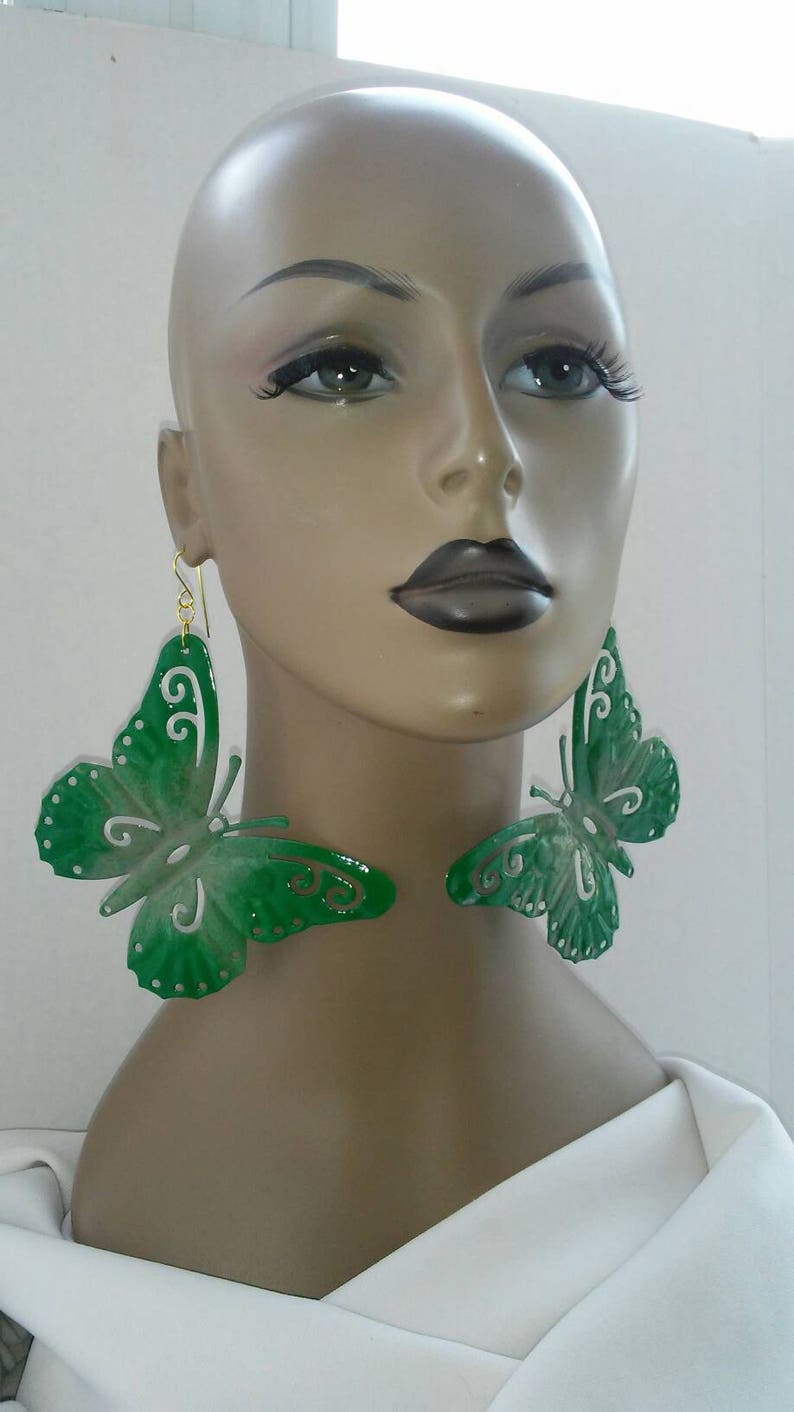 Fashion Earrings Women/'s Earrings Large Earrings Gorgeous Multicolor Green and Olive Green Hand Painted Aluminum Butterfly Earrings