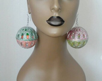 Attractive Plastic Ball Earrings Multiple Colors,  Embellished with Beautiful Glitter, Womens Earrings, Large Earrings, Long Earrings