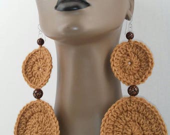 Attractive Light Brown Two Tear Crochet Earrings Embellished with Beautiful Wooden Beads, Crochet Earrings, Crochet Jewelry, Womens Earrings