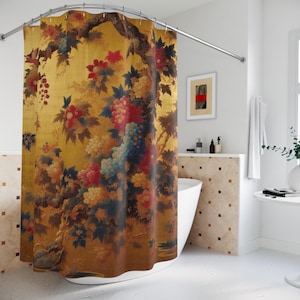Japanese Gold Screen Floral Print Fabric Shower Curtain Antique Curtain Japanese Bath Decor Japanese Screen Japanese Curtains Blossom Gifter