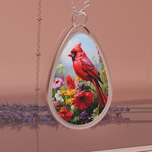 Red Cardinal Necklace, Wildflower And Red Bird, Bird Collection. Oval Necklace, Bird Jewelry, Cardenal Jewelry, Grandma Gift, Mom gift.
