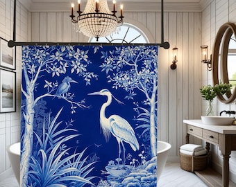 Heron Shower Curtain, Blue Botanical Bathroom Decor, Asian Inspired Home