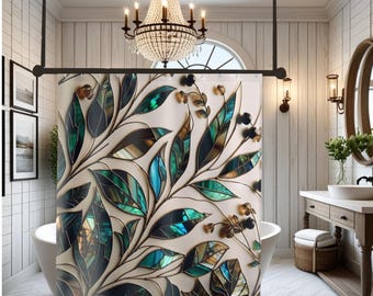 Cortina de ducha estilo vitral con diseño de sauce: hojas verde azulado y ámbar