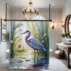 Tranquil Heron Shower Curtain, Watercolor Nature-Inspired Bathroom Decor  Boho Chic Art Lake House Gift Relaxing Home Accents, Floral Design