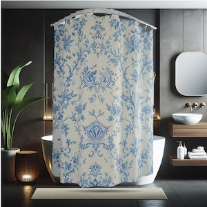Eleganter Blumenduschvorhang - Vintage Badezimmer Dekor, Country French, Stoff Duschvorhang, luxuriöser Stil, Blaues Blumenmuster, Badset