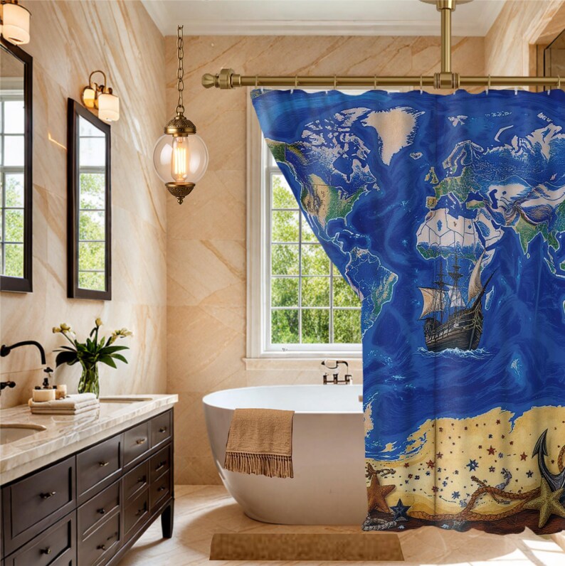 Nautical World Map Shower Curtain | Ocean Map, Vintage Ship, Anchors - Etsy