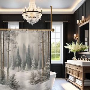 May include: A shower curtain featuring a printed scene of a snowy forest with tall pine trees and a soft, misty atmosphere. The design displays shades of white, gray, and muted green, depicting a winter landscape with snow-covered ground.
