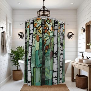 Green Stained Glass Birch Forest Shower Curtain: Watercolor Art Forest Themed Decor