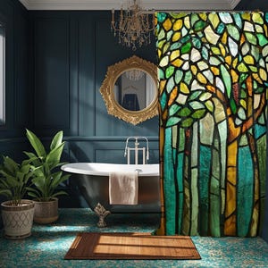 Green Stained Glass Birch Tree Forest Shower Curtain: Watercolor Art