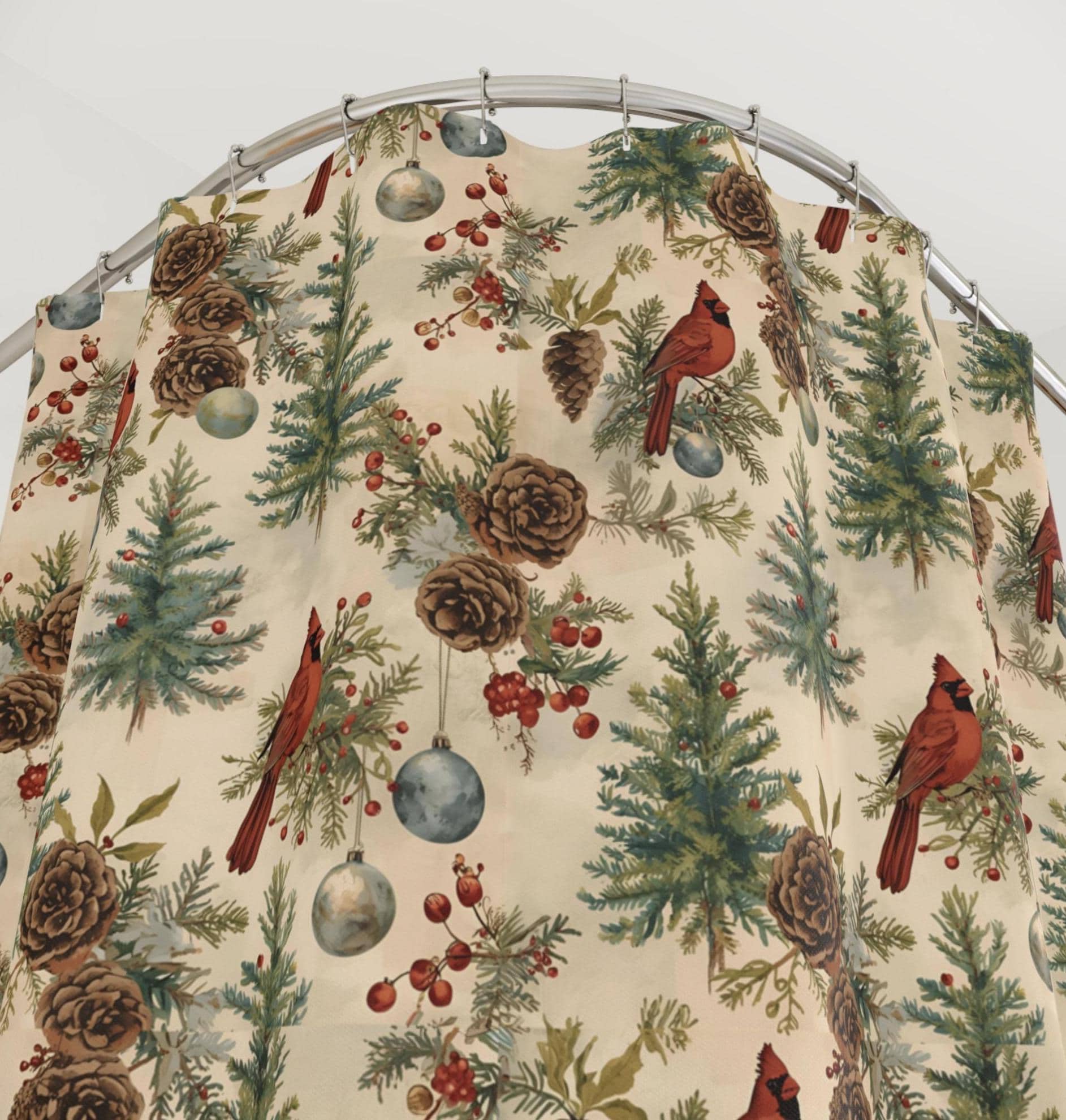 Cardinal Christmas Shower Curtain Vintage Evergreens I Pinecone…