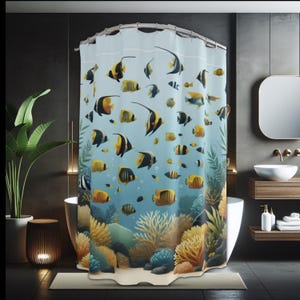 May include: A blue shower curtain with a colorful underwater scene featuring yellow, black, and white fish swimming among coral reefs.
