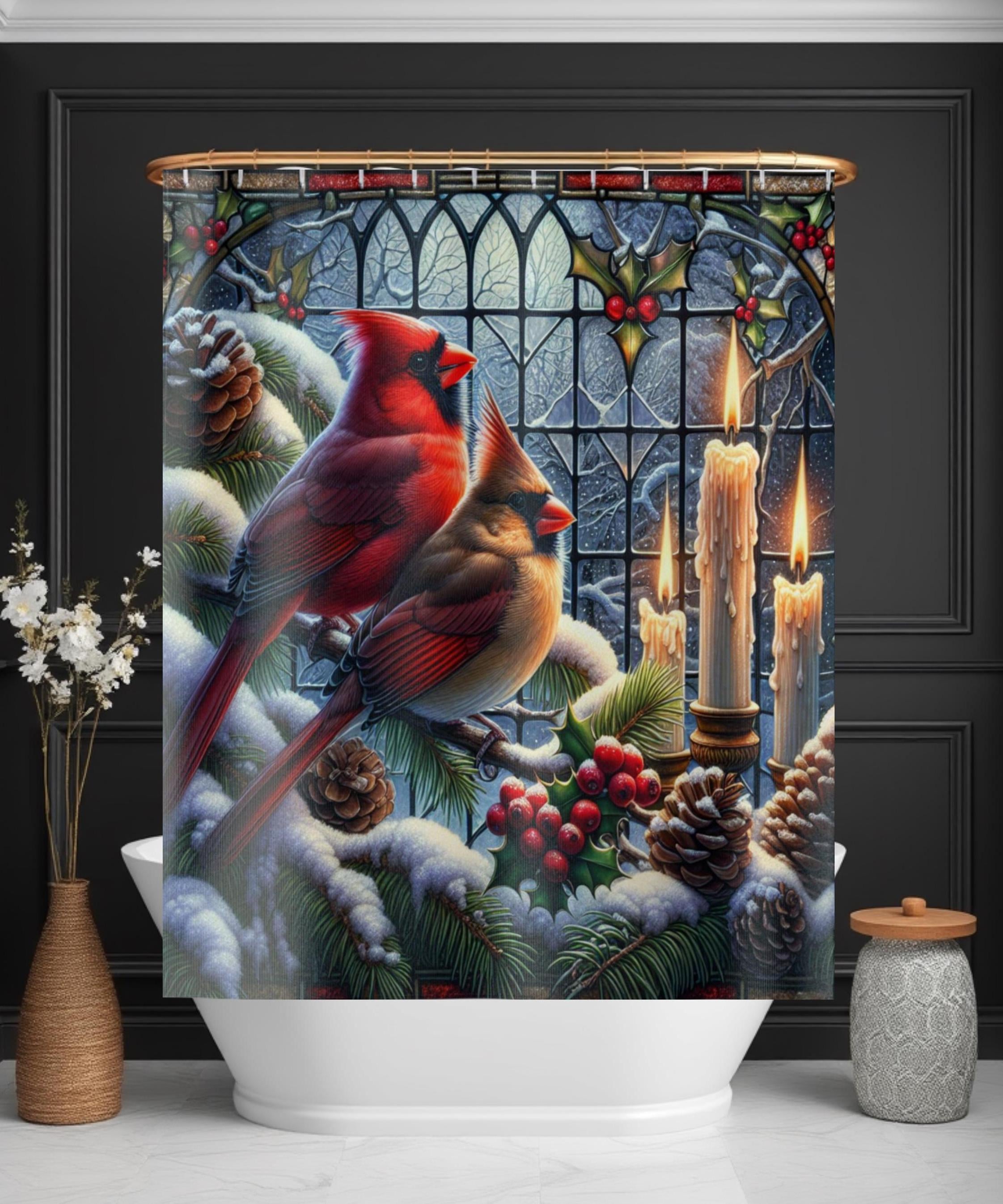 Red Cardinal Christmas Shower Curtain, Winter Stained Glass