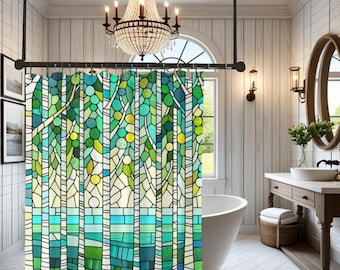 May include: A stained-glass style shower curtain featuring a forest scene with birch trees in shades of green, blue, and yellow. The curtain hangs in a bathroom with a white tub, wooden vanity, and a chandelier.