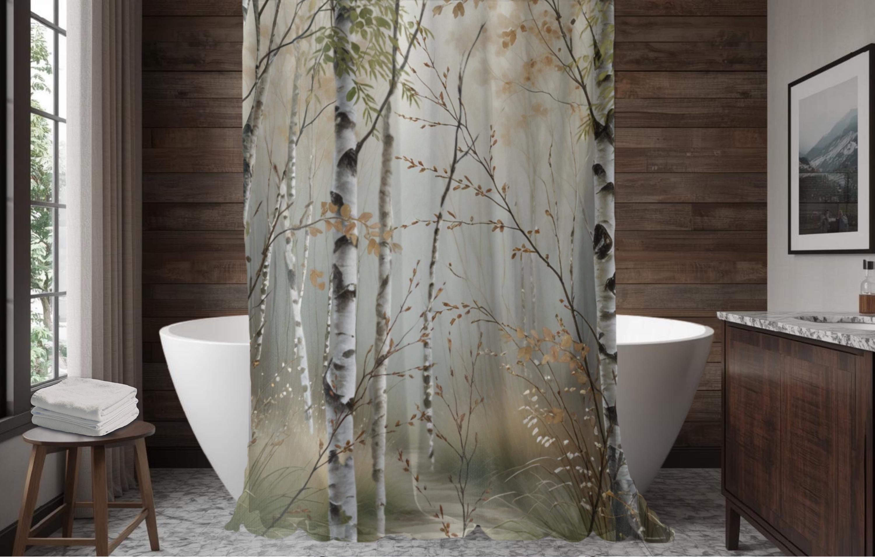 Birch Forest Shower Curtain Woodland Trees Neutral Bathroom