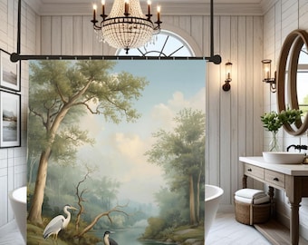 Heron Shower Curtains Nature Woodland Bathroom Decor Vintage Watercolor Design Forest Themed Decor