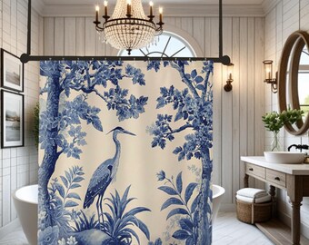 Blue Heron Toile shower curtain | Trees I botanical bird bathroom decor