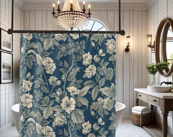 Vintage Floral Blue Shower Curtain | Botanical Rose Pattern