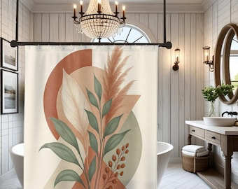 Abstract Botanical Shower Curtain | Terracotta Green Pampas Leaves