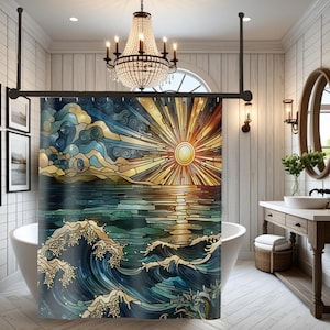 Gebrandschilderd gegolfd douchegordijn: boho oceaandecor afbeelding 1