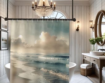 May include: A shower curtain featuring a printed landscape of a sandy beach at sunrise with gentle ocean waves rolling onto the shore under a cloudy sky. The scene displays soft blue and beige tones, hanging from a black rod in a bathroom.