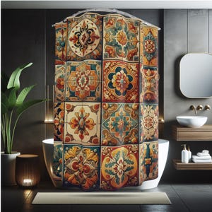 May include: A shower curtain featuring a repeating grid pattern of square tiles. Each tile displays intricate, symmetrical floral and geometric motifs in a warm color palette of deep red, burnt orange, golden yellow, and teal blue on a cream background.