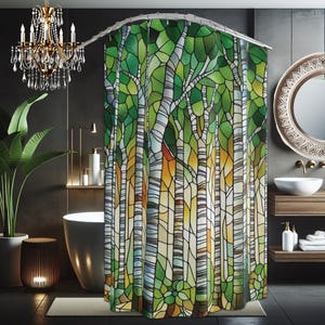 Stained Glass Inspired Watercolor Birch Trees Forest Fabric Shower Curtain Nature Inspired Bathroom Decor Tranquil Green Unique Bath