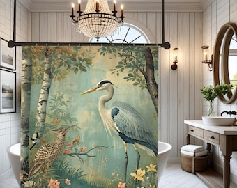 Heron Shower Curtain Elegant Vintage Asian Inspired Botanical Bathroom Decor
