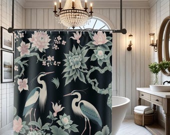 Vintage Heron Shower Curtain: Oriental Floral Bohemian Bath Decor