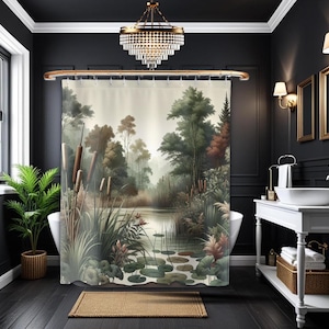 Serene Nature Fabric Shower Curtain Gift for Nature Lovers Woodland and Lake Scene, Watercolor Landscape, Swamp Lake and Trees Botanical