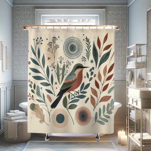 Boho Botanische Geometrie Duschvorhang, Boho Botanische Duschevorhang Badevorhang, Natur Dusche, Vogel Badvorhang, Stoff Duschvorhang