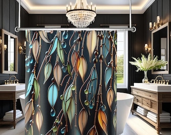 Unique 3-D Design Stained Glass Print Willow Leaves I Water Drops Fabric Shower Curtain Dark Botanical Nature Inspired Bath Gift For Her