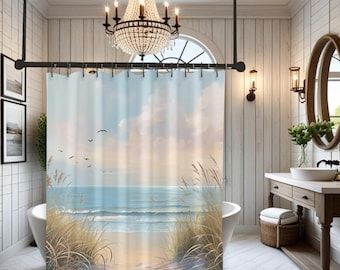 Tenda da doccia con motivo spiaggia serena, decorazione costiera, tessuto per bagno a tema oceano, tenda per box doccia
